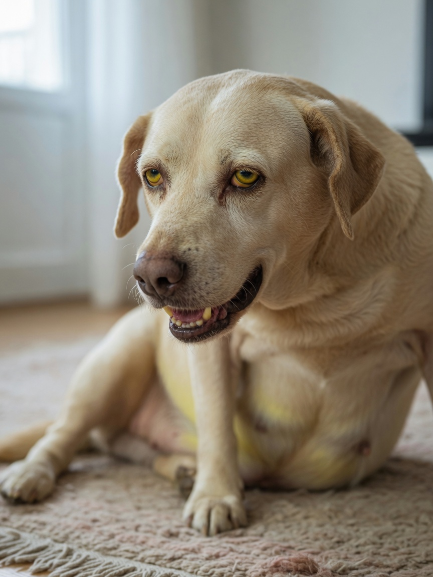 Dog displaying jaundice and abdominal distension, visible signs of advanced liver disease