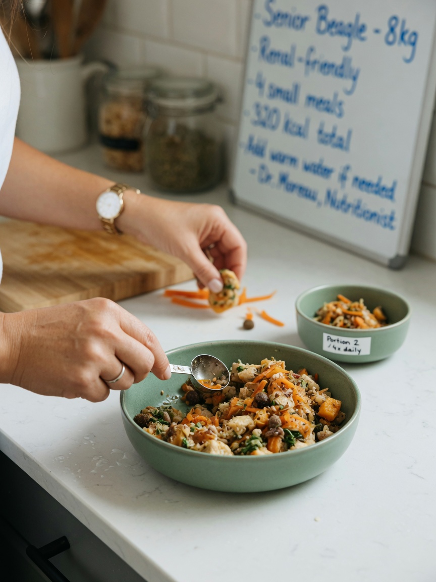 Nutritionist preparing therapeutic meal portions for a dog with liver disease
