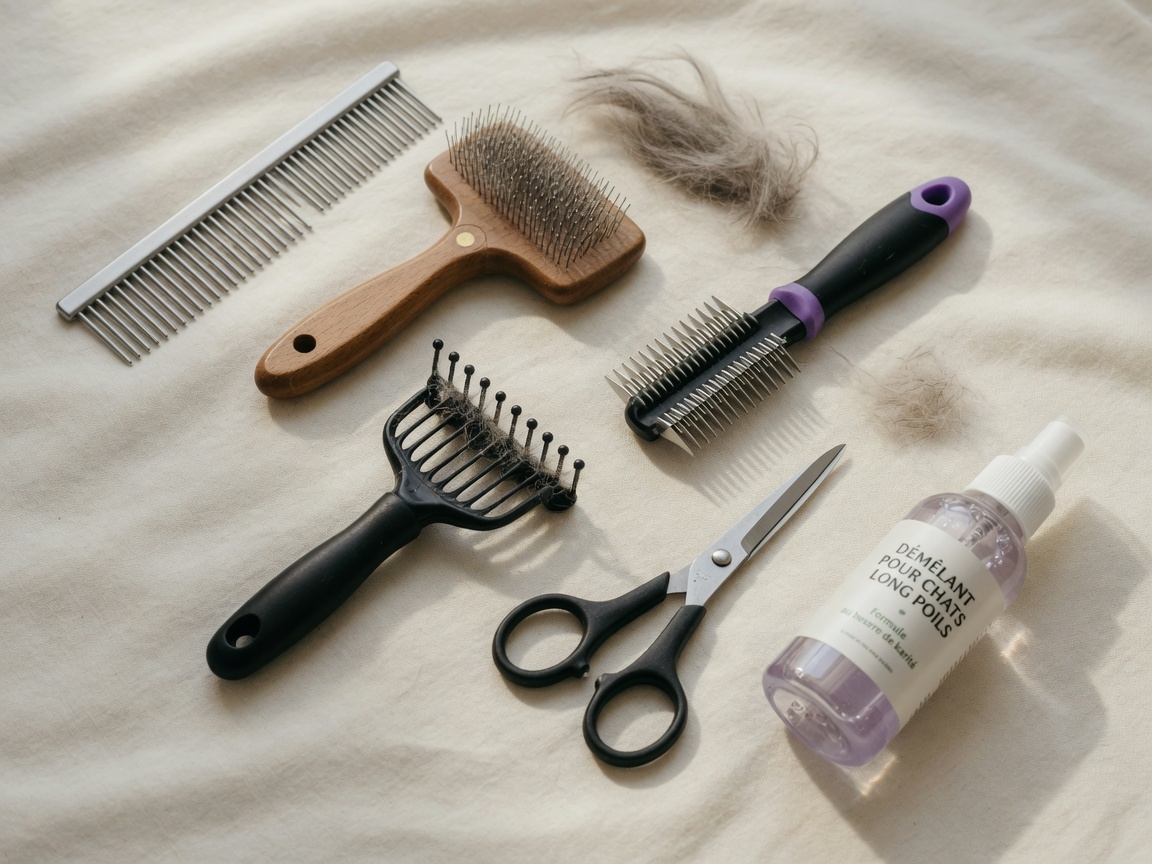 Organized collection of long-haired cat grooming tools including combs, brushes, rake, scissors, and detangling spray on cream fabric