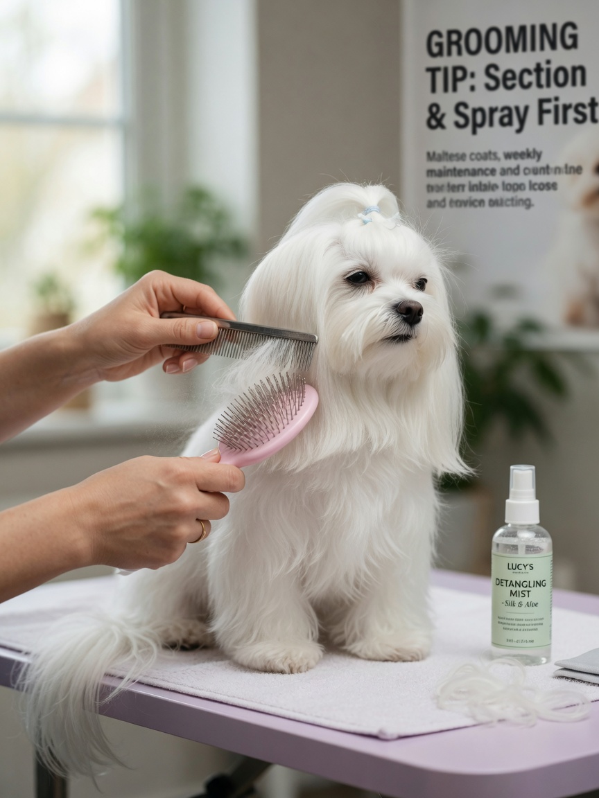 Owner carefully combing a Maltese's long, silky white coat with a metal comb and pin brush during daily grooming