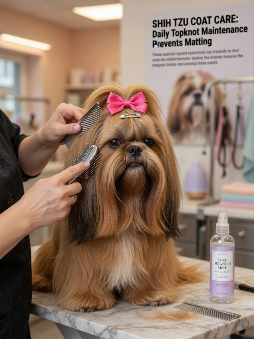 Professional groomer carefully brushing a Shih Tzu's long double coat around the face and topknot area, with a decorative clip securing the head hair