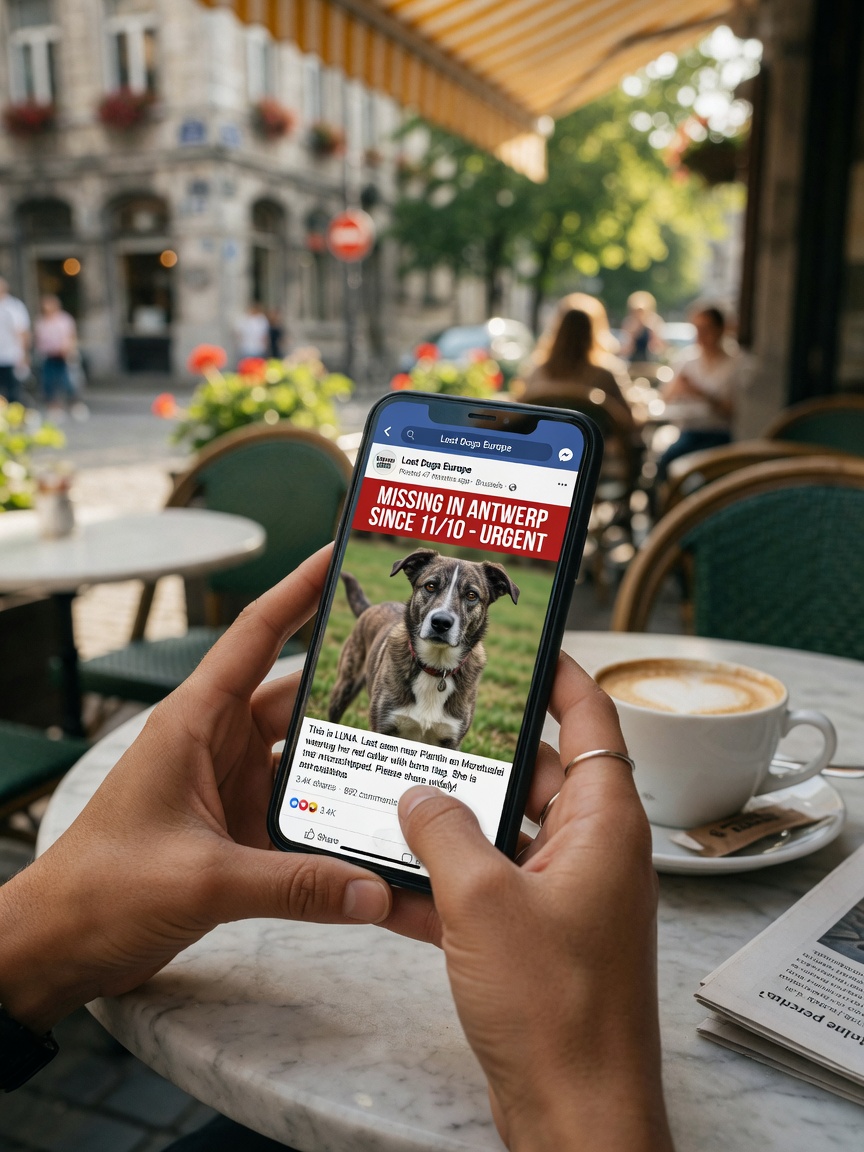 Persona che tiene in mano uno smartphone mostrando un post di Lost Dogs Europe su social media in un caffè europeo