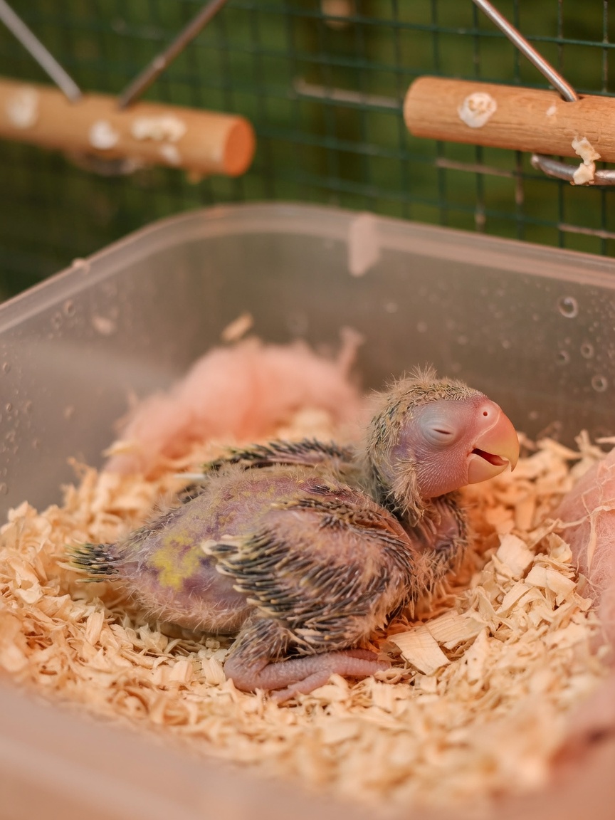 A young lovebird chick showing signs of polyomavirus infection with abnormal feather development and weakness