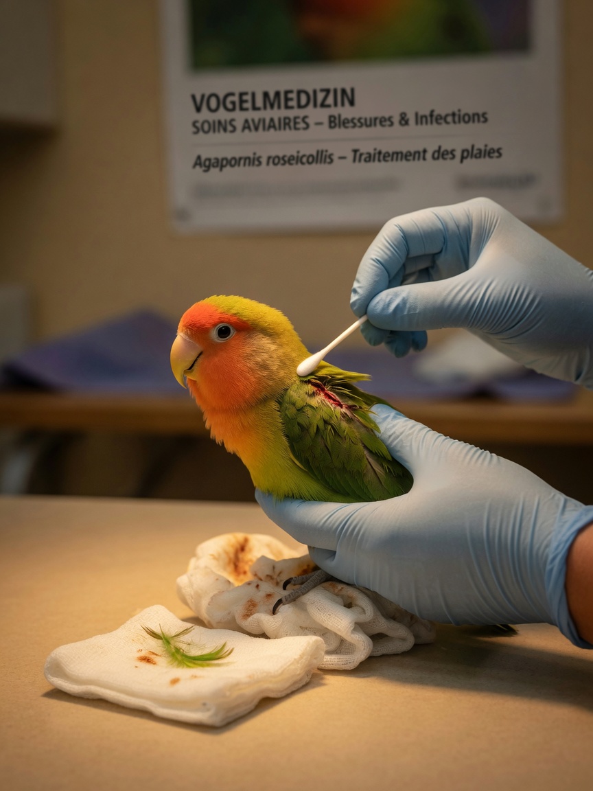 Veterinarian treating an aggression-related bite wound on a lovebird's wing during medical examination