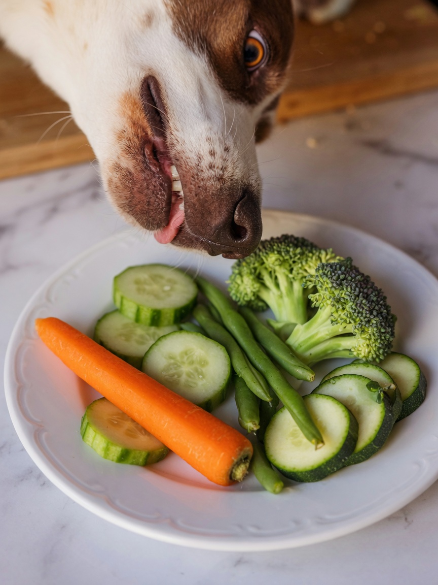 Dog inspecting fresh vegetables on a plate including carrots, cucumber, green beans, broccoli and zucchini