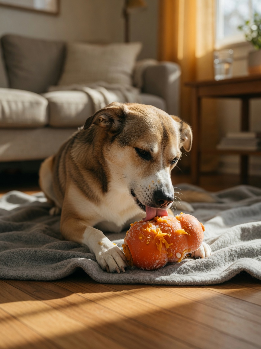 Dog engaged with a frozen Kong toy filled with pumpkin puree on a blanket