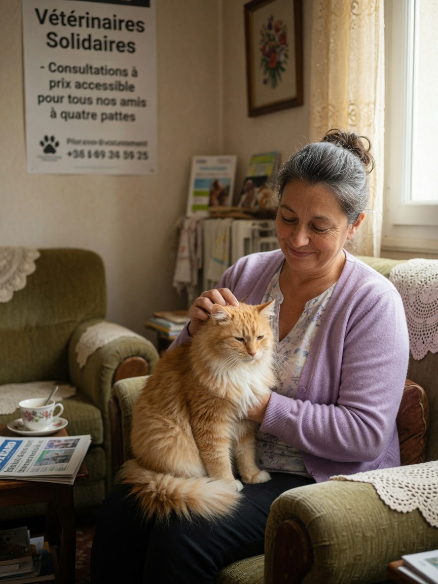 An elderly woman with her pet cat at home, representing a pet owner in financial difficulty seeking affordable care