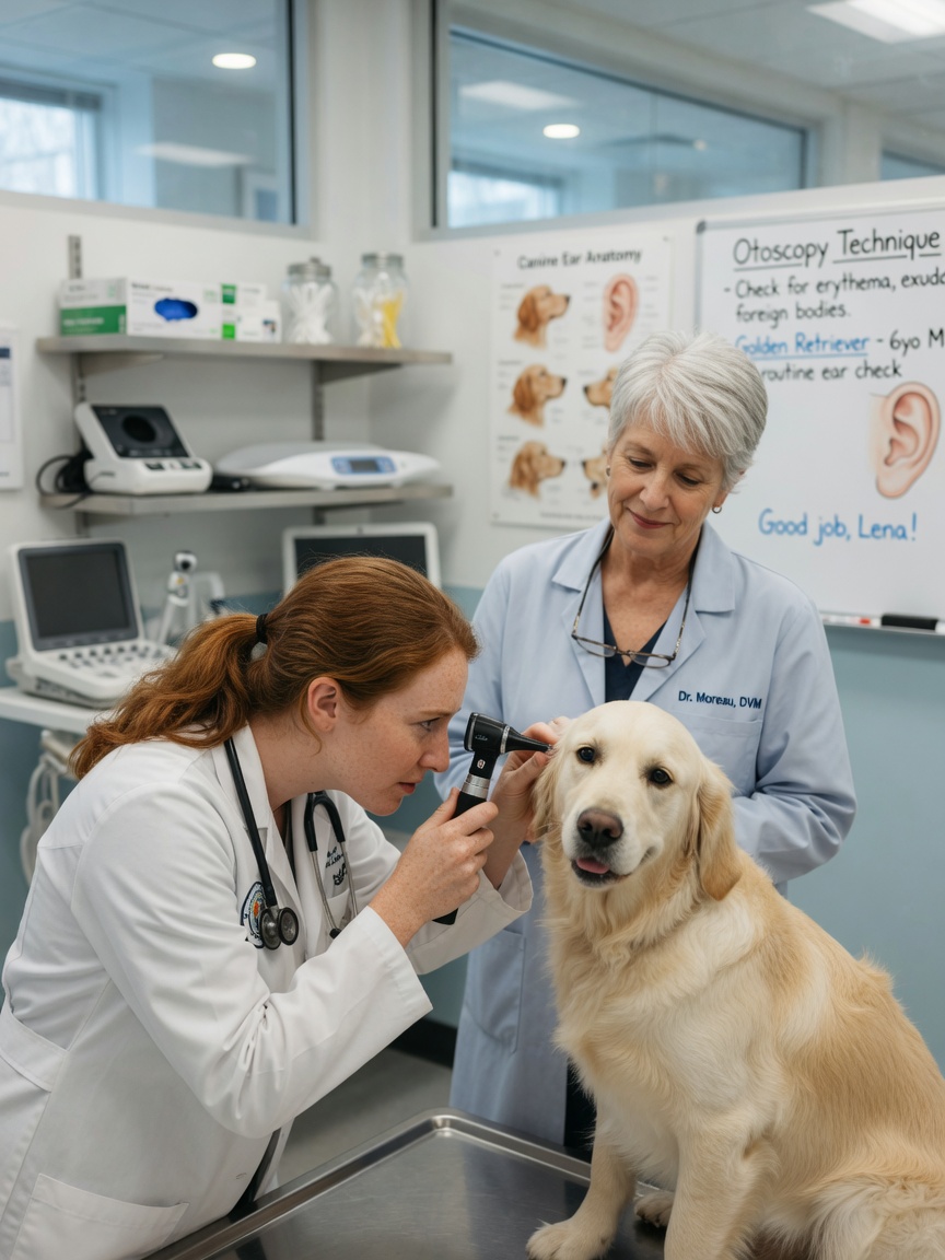 Veterinary student examining a golden retriever under the supervision of a qualified veterinarian in a teaching hospital