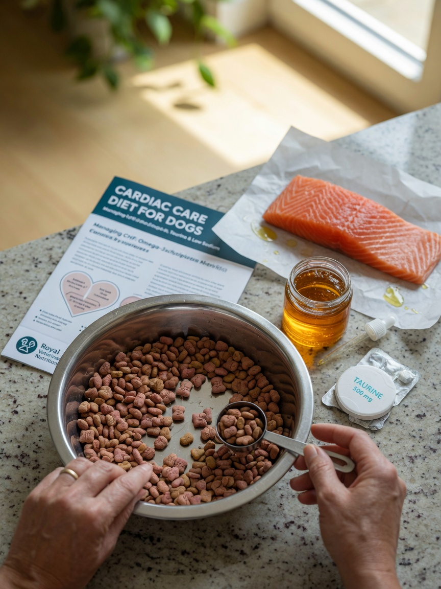 Cardiac-friendly dog meal preparation with low-sodium kibble, fish oil supplement, and taurine alongside fresh salmon