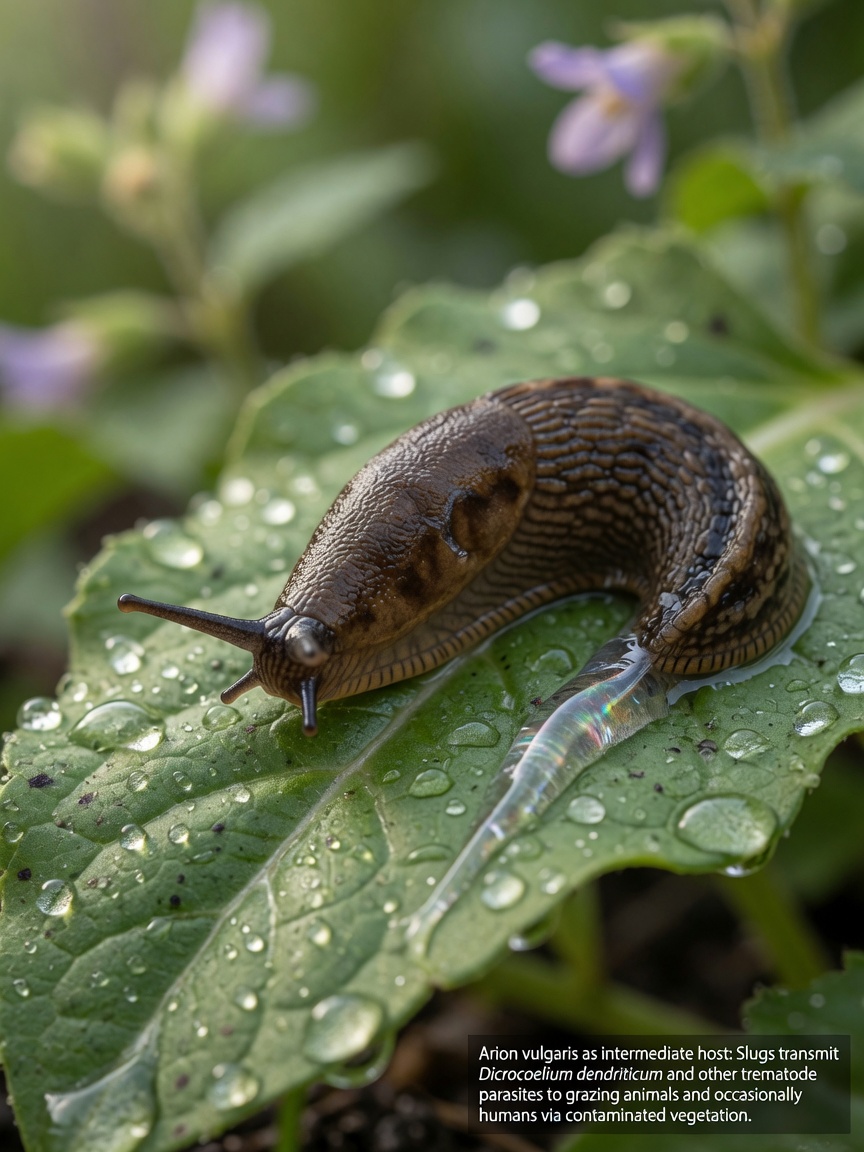 Close-up of a brown garden slug on a wet leaf, showing mucus trail