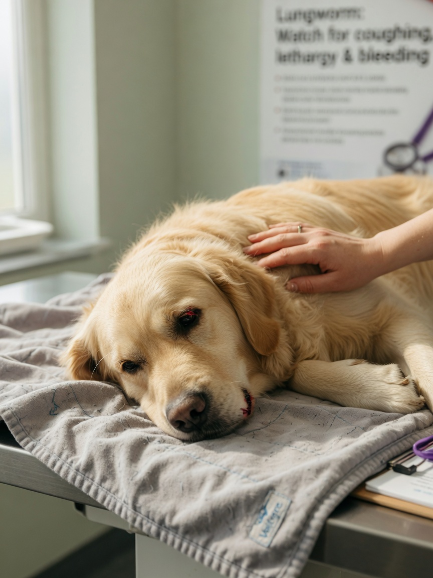 Unwell golden Retriever showing lethargy and nosebleed symptoms of lungworm infection