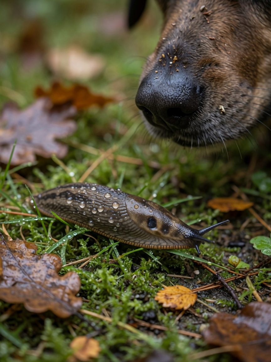 Close-up of a garden slug on wet moss with a dog's nose visible in soft focus, showing how lungworm transmission occurs through snail and slug contact