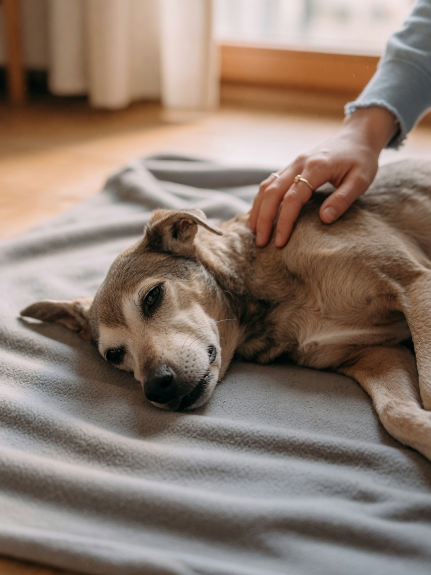An ill dog resting on a blanket showing signs of lethargy and respiratory discomfort, with owner's comforting hand nearby