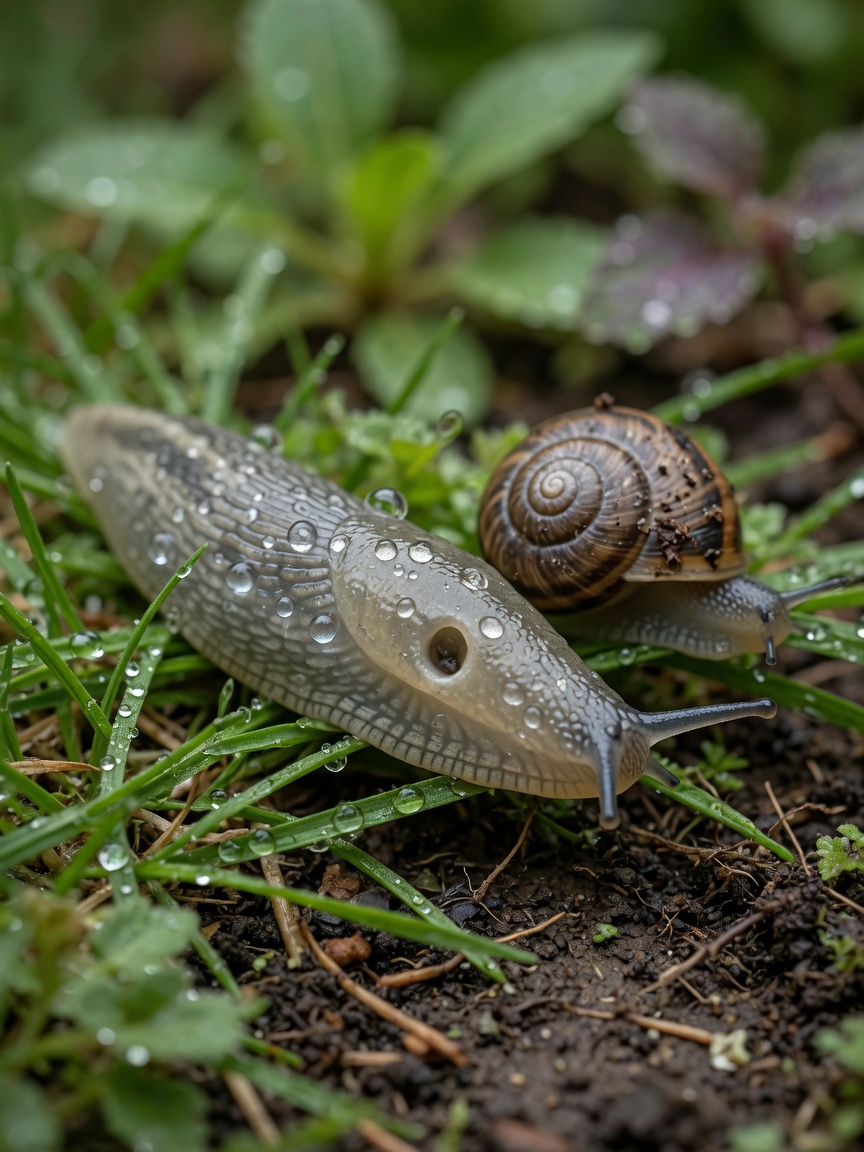 Garden slug and snail in moist soil, intermediate hosts for lungworm parasite