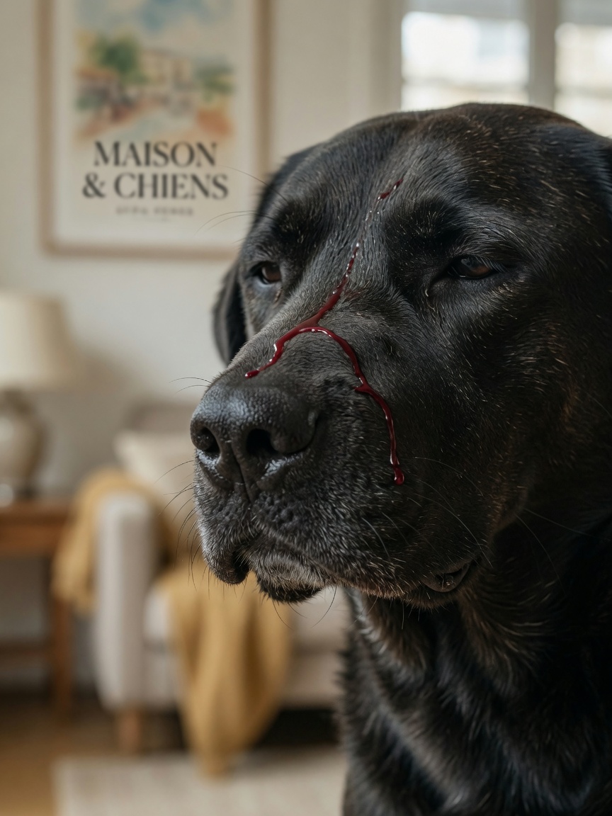 Close-up of dog's nose showing minor bleeding, a clinical sign of lungworm infection