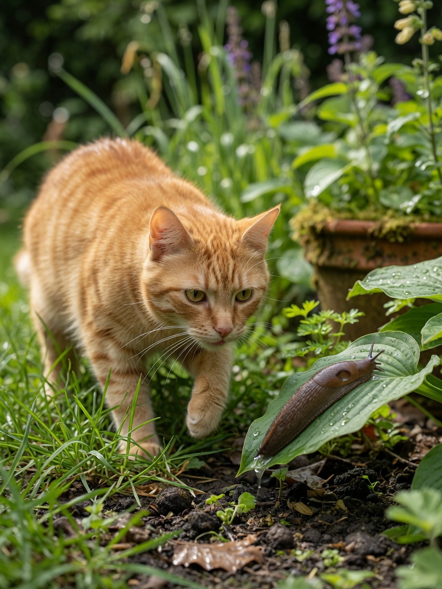 Outdoor cat hunting a slug in garden vegetation, demonstrating infection transmission route