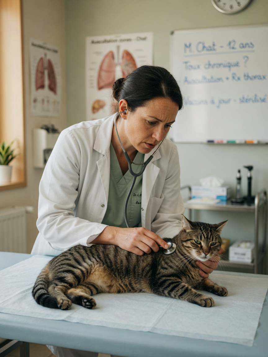 Veterinarian performing thoracic examination on cat with stethoscope to diagnose respiratory disease