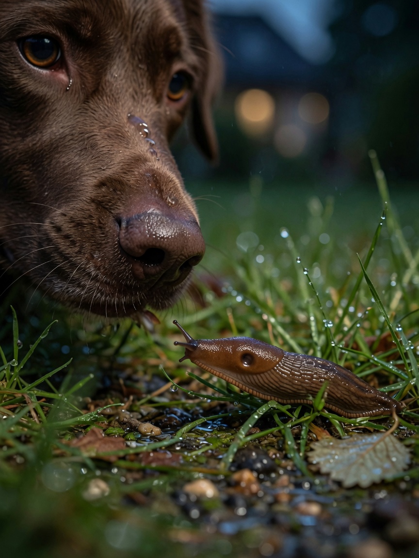 Close-up of dog sniffing dewy grass near a slug at dawn, showing how lungworm exposure occurs