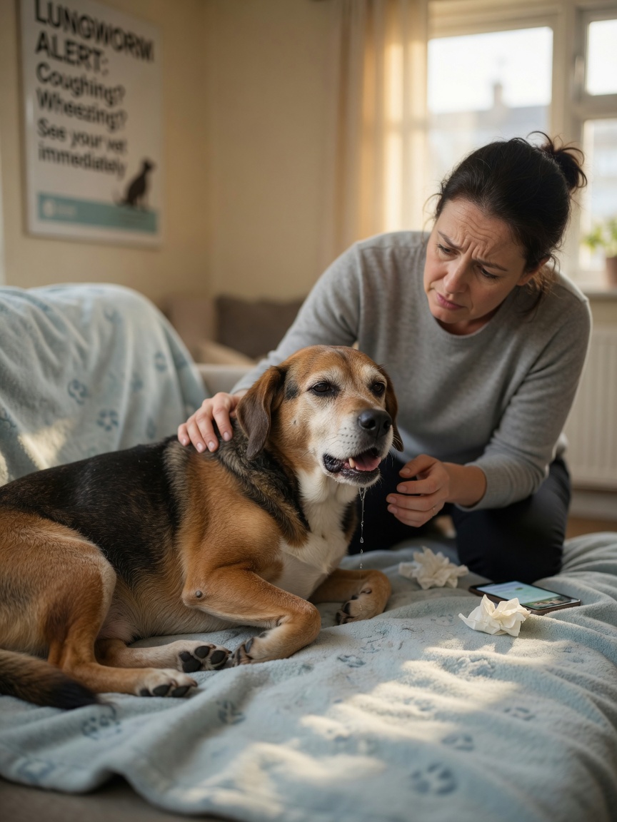 Sick dog showing respiratory distress symptoms with concerned owner beside them