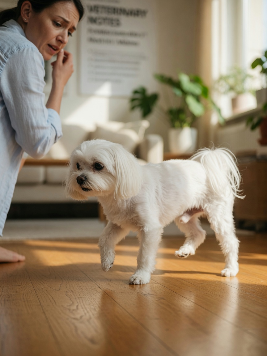 Small Maltese dog displaying intermittent limping gait characteristic of luxating patella