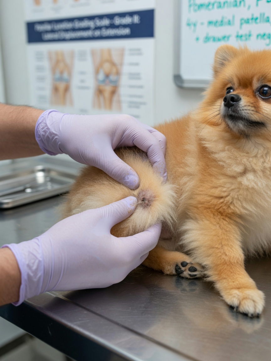 Veterinary surgeon's hands examining a Pomeranian's knee joint on an examination table