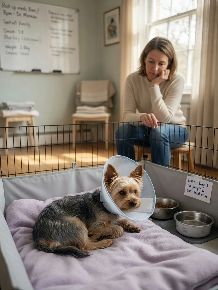 Yorkshire Terrier resting in a recovery pen post-surgery with owner observing nearby