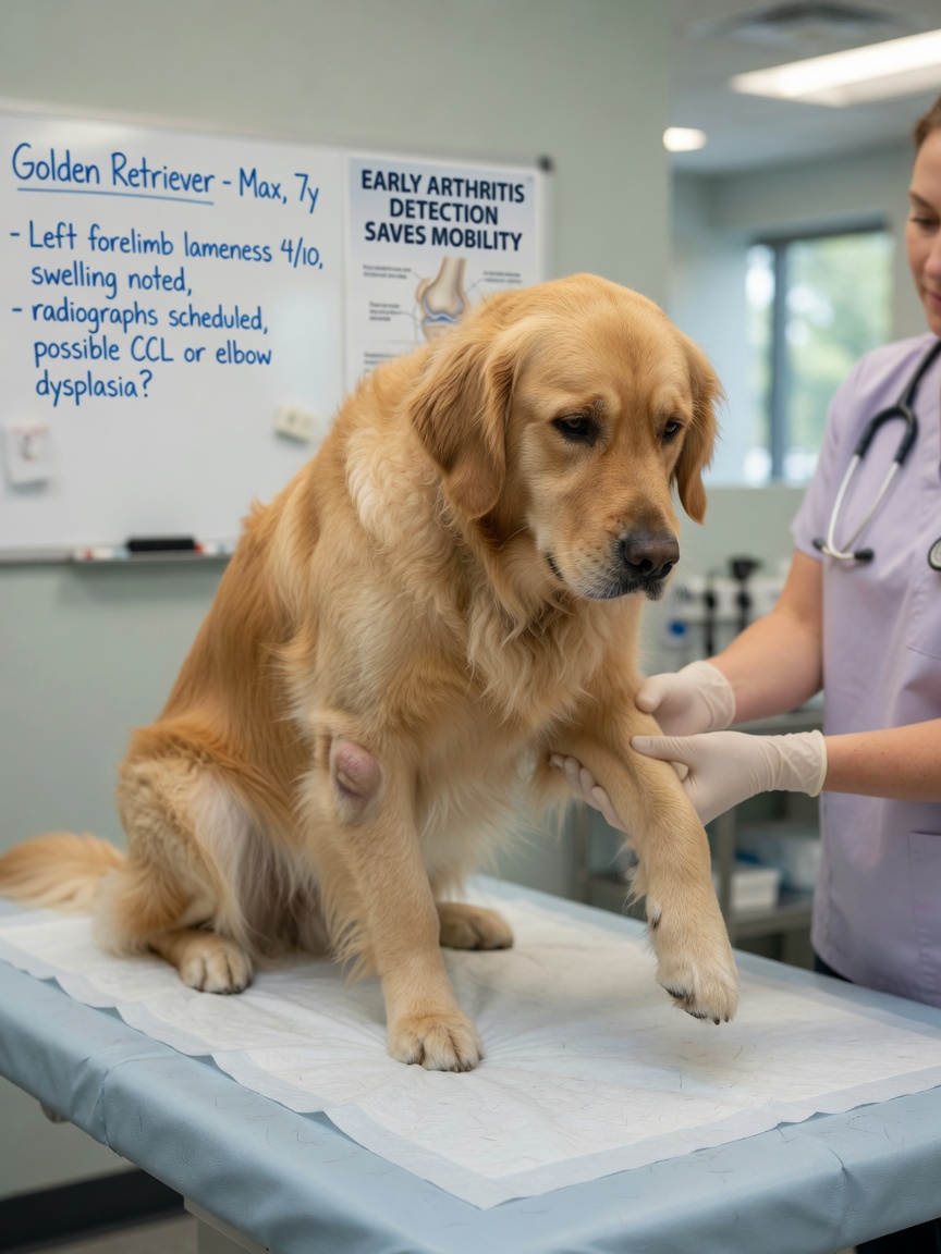 Golden Retriever showing signs of lameness and lethargy during a veterinary examination for possible Lyme disease