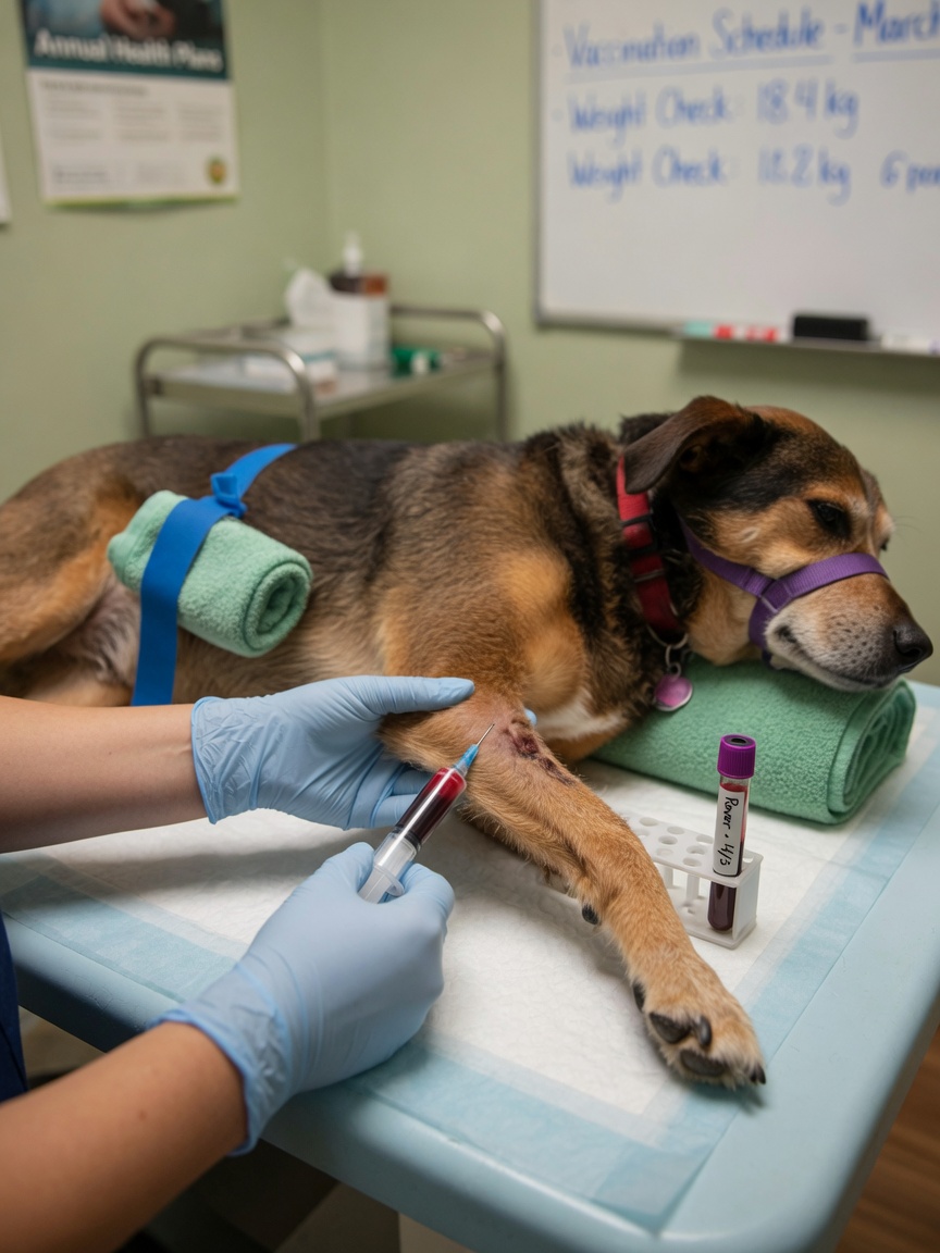 Veterinarian collecting a blood sample from a dog for Lyme disease serological testing