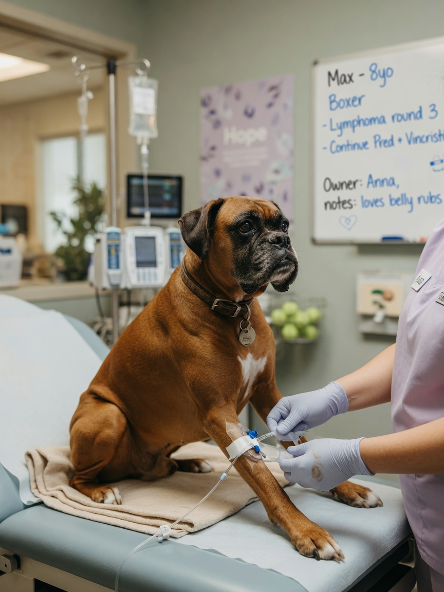 Boxer dog receiving IV catheter placement for chemotherapy treatment in a veterinary oncology clinic