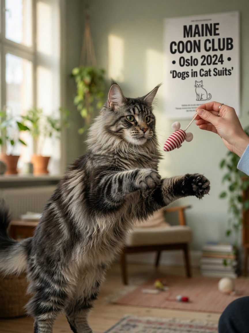 Maine Coon cat playing fetch with owner, displaying dog-like interactive behavior