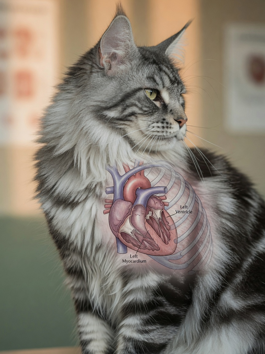 Maine Coon cat showing anatomical focus on heart structure and the thickened walls associated with HCM