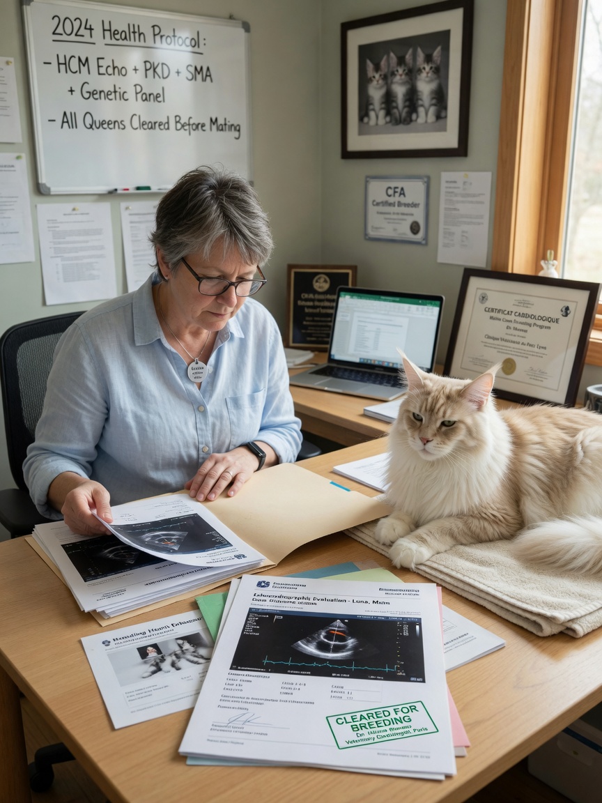 A Maine Coon breeder reviewing veterinary cardiac screening documentation with a breeding cat present