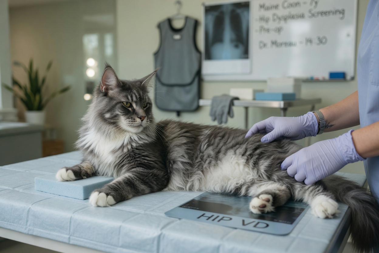 Gatto Maine Coon posizionato per radiografia dell'anca durante esame ortopedico veterinario