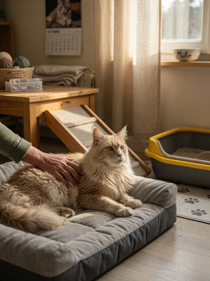 Maine Coon anziano che riposa su letto ortopedico con rampa e vassoio igienico a basso accesso per supporto della mobilità articolare