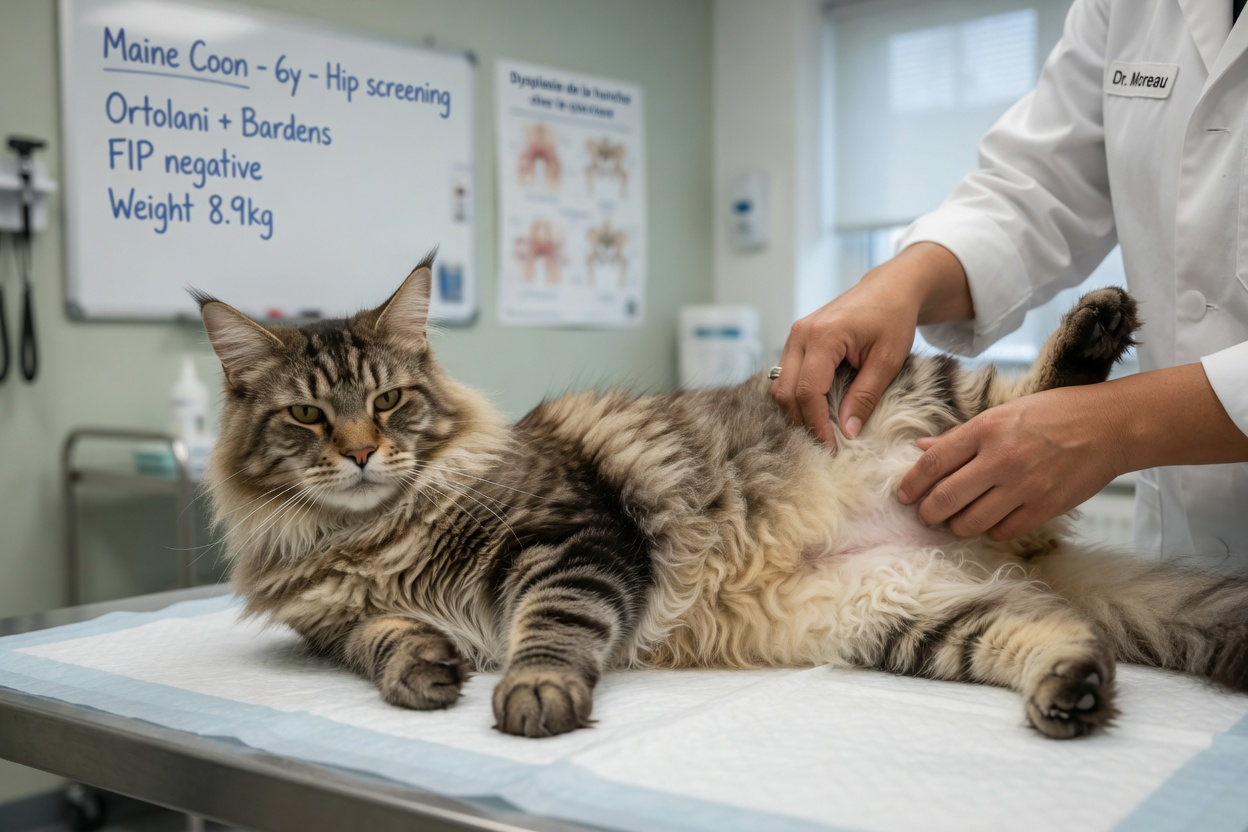 Veterinarian performing hip dysplasia assessment on Maine Coon cat