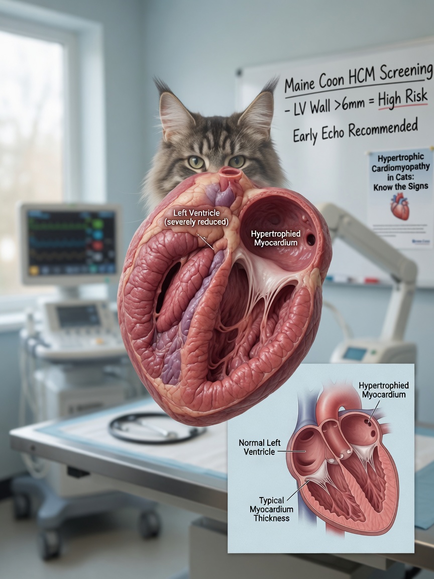 Medical illustration of a cat's heart showing hypertrophic cardiomyopathy with thickened left ventricular walls