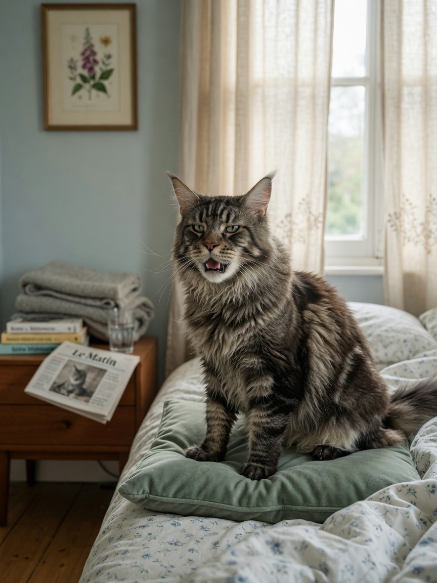 Maine Coon cat displaying respiratory distress and labored breathing characteristic of heart disease symptoms