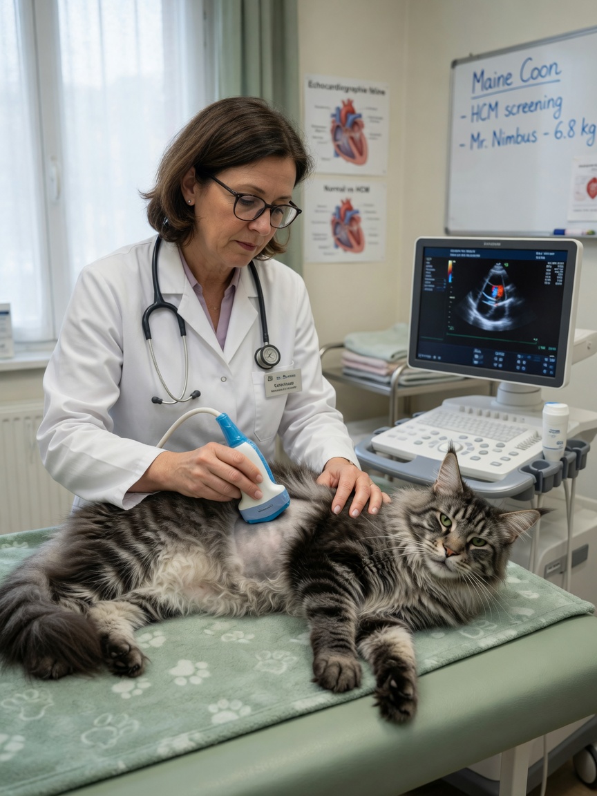 Tierkardiologin führt Herzultraschalluntersuchung an Maine-Coon-Katze durch