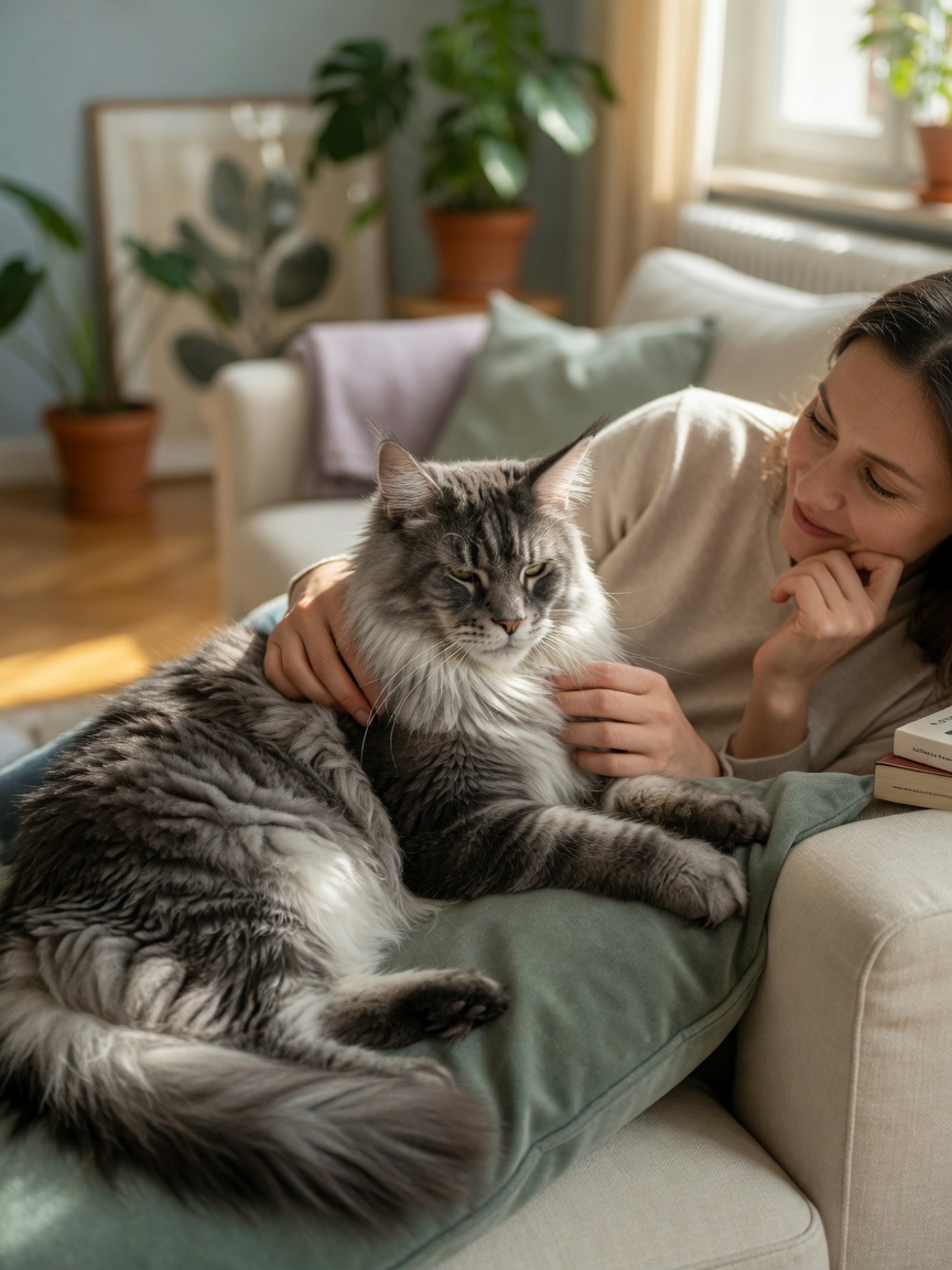 Proprietario che osserva delicatamente il suo gatto Maine Coon a riposo, controllando i cambiamenti sottili nel comportamento