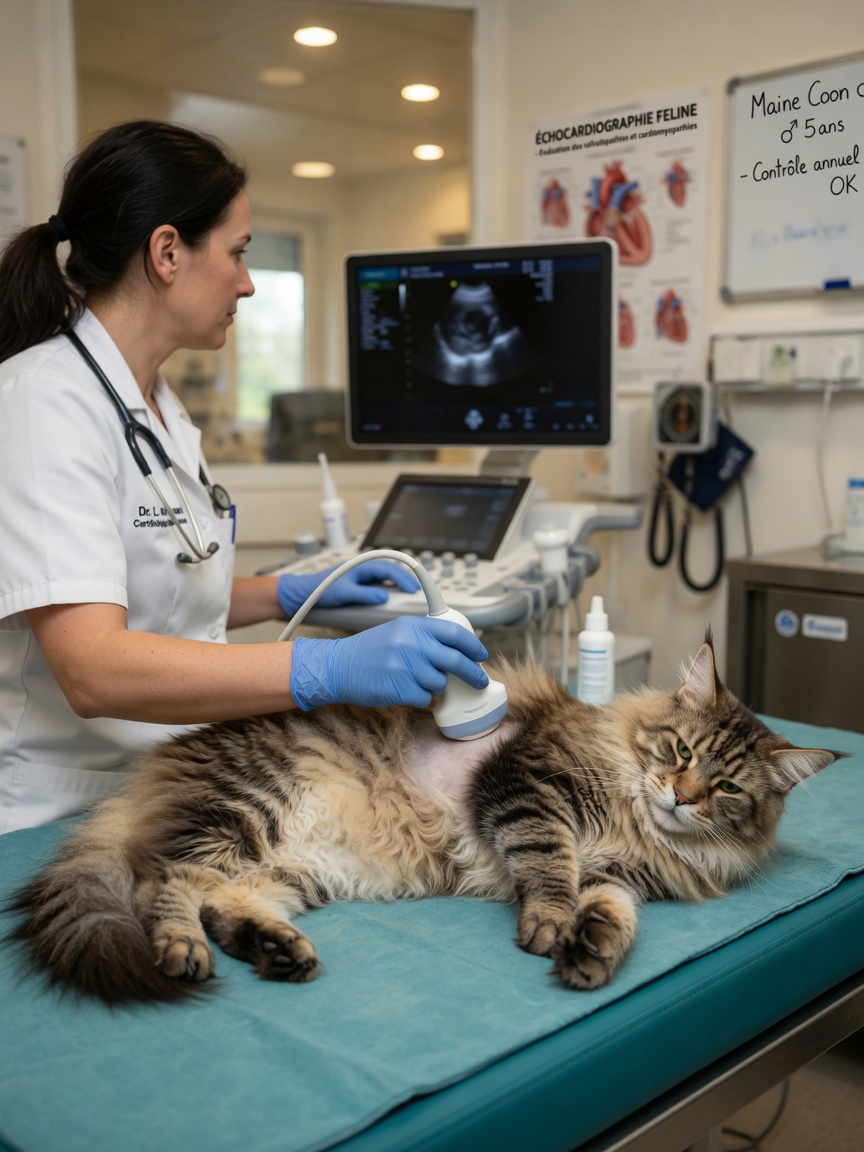 Veterinario cardiologo che esegue una scansione ecografica ecocardiografica su un gatto Maine Coon