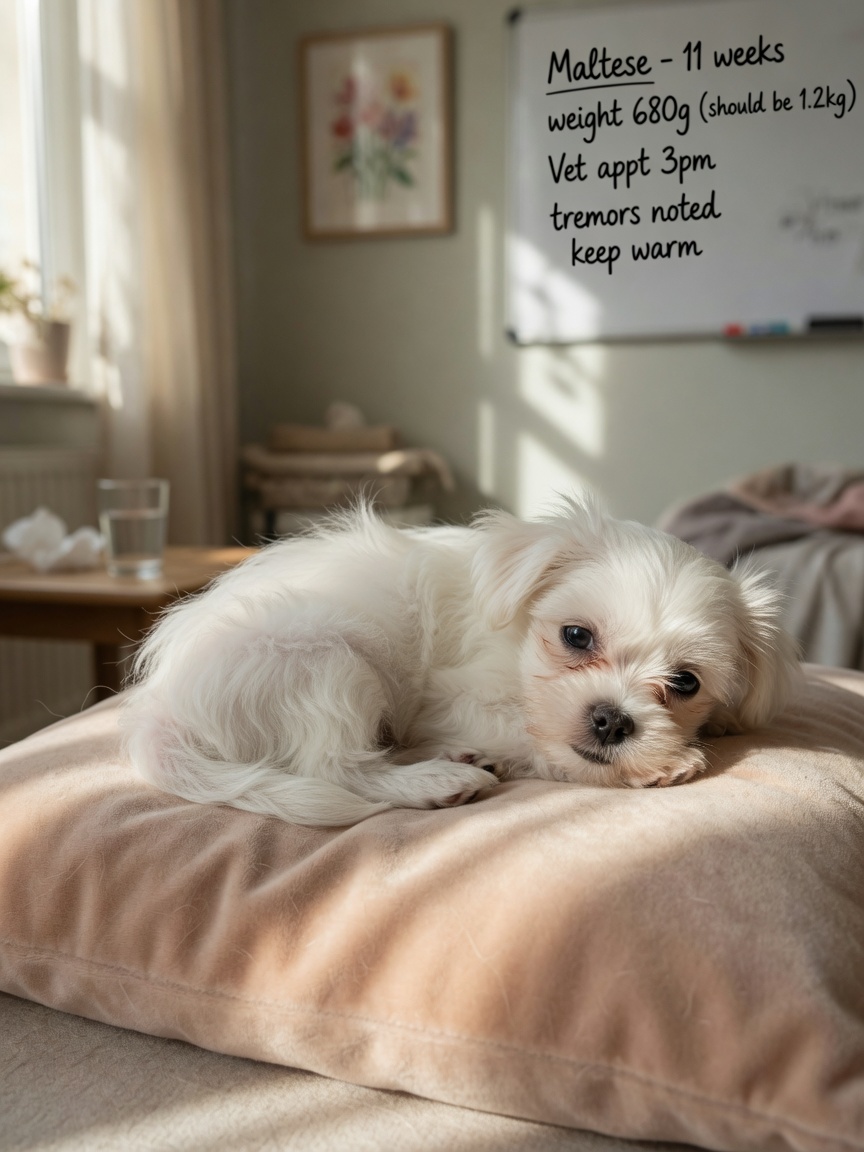 Small Maltese puppy appearing lethargic and smaller than expected due to portosystemic shunt