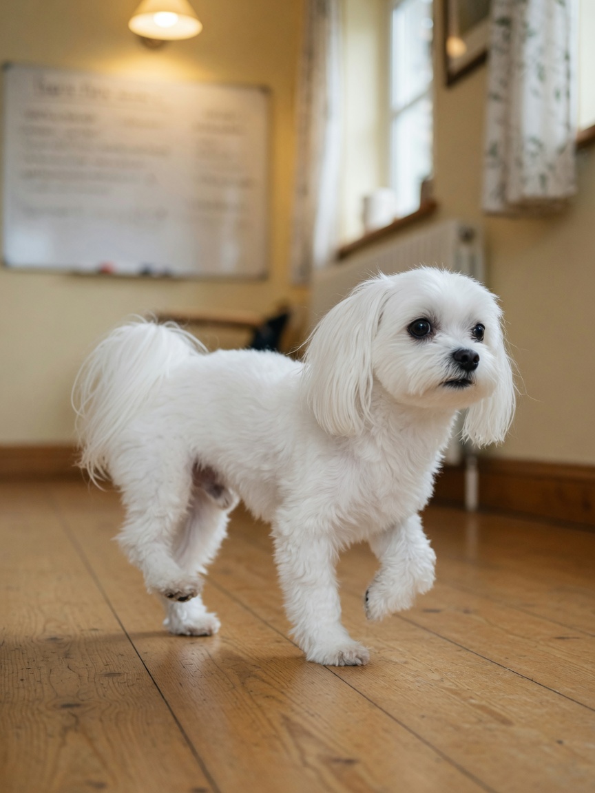 Maltese dog displaying characteristic limping gait and skipping motion from medial patellar luxation