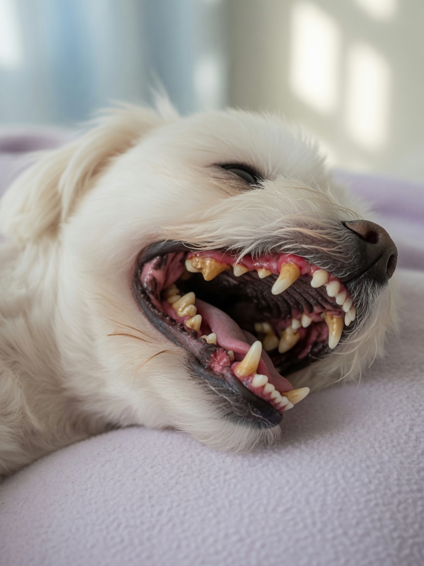 Maltese dog's mouth showing tartar and gum disease from untreated dental disease