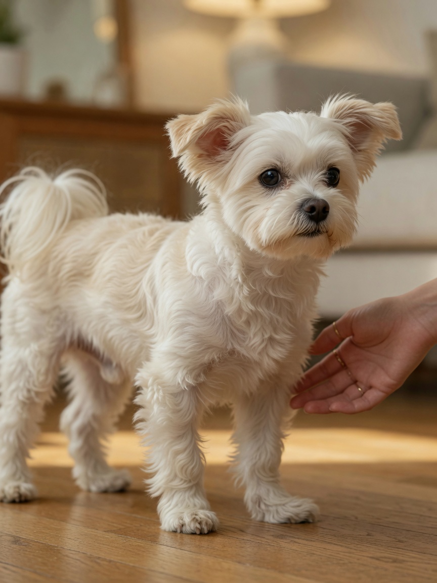 Young Maltese dog displaying characteristic tremors and shaking from White Dog Shaker Syndrome