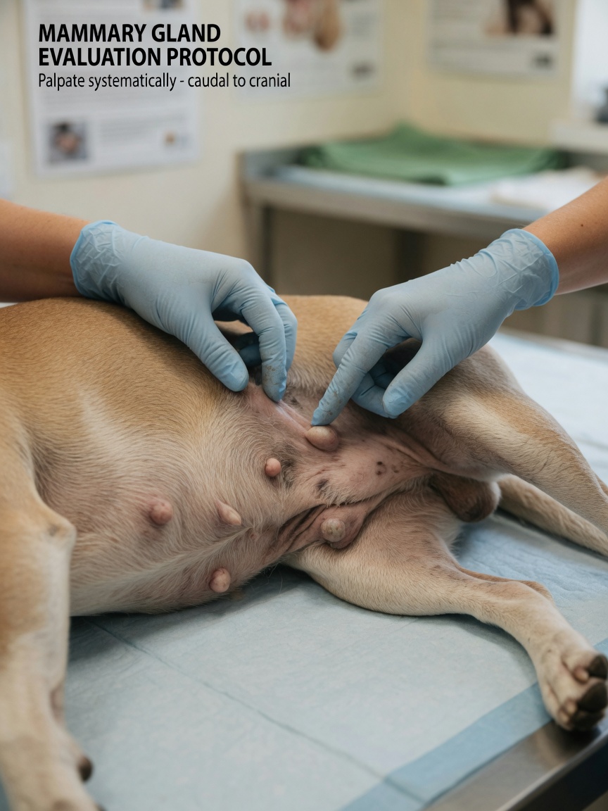 Close-up examination of a dog's mammary gland area during veterinary palpation and assessment