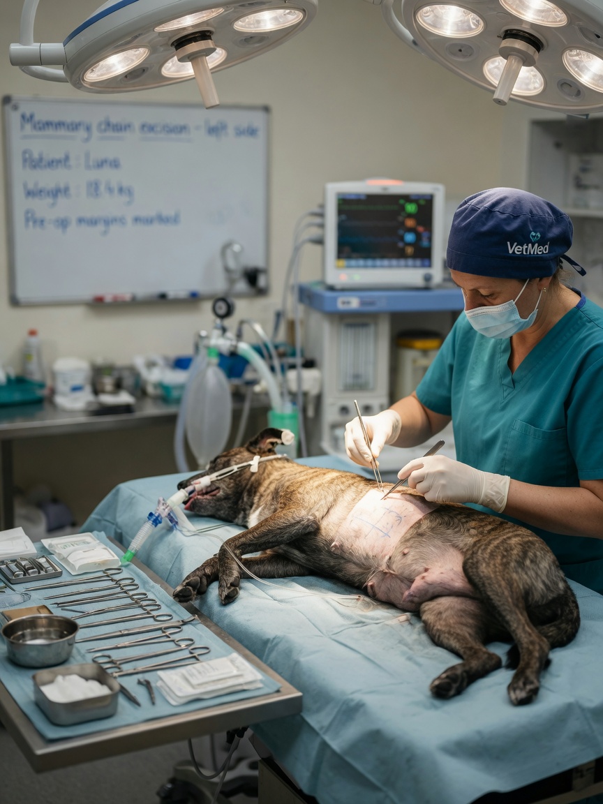 Veterinary surgeon performing mammary tumour surgical excision in a sterile operating theatre