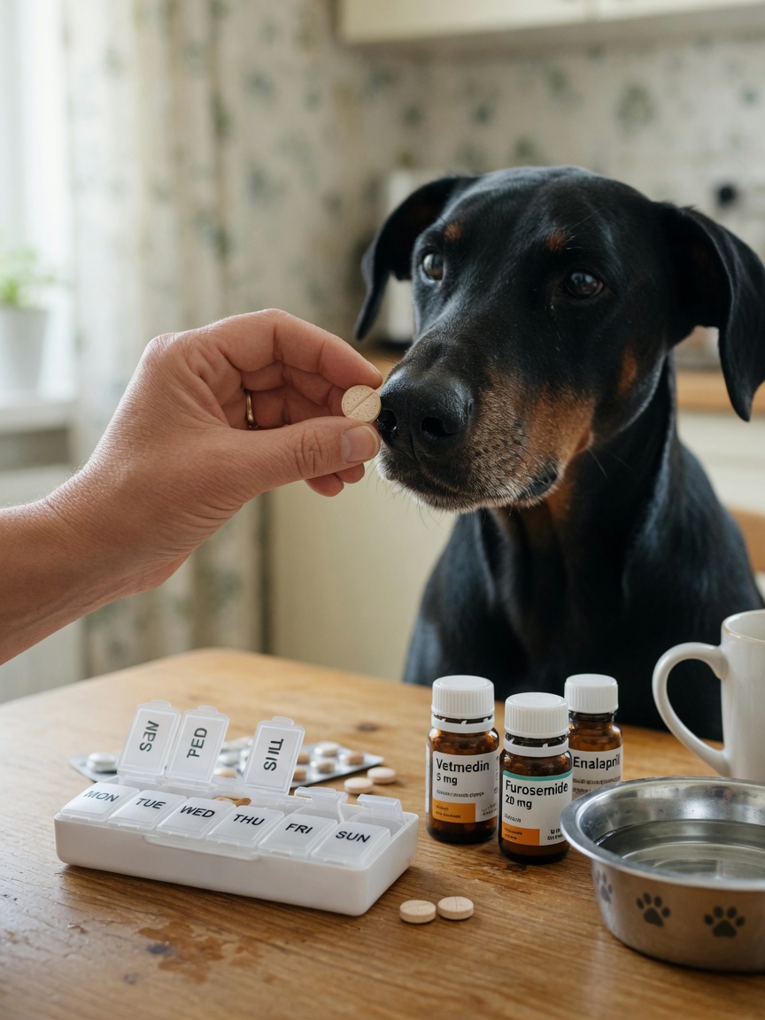 Dog owner administering cardiac medication tablet to senior Doberman with medication bottles and organizer on table