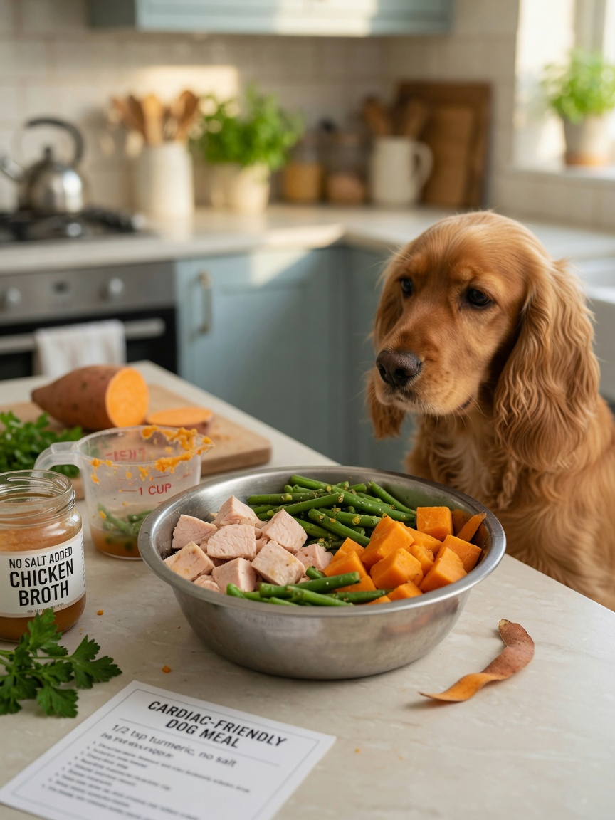 Homemade cardiac dog meal with fresh chicken, vegetables and sweet potato prepared on kitchen counter with Cocker Spaniel watching