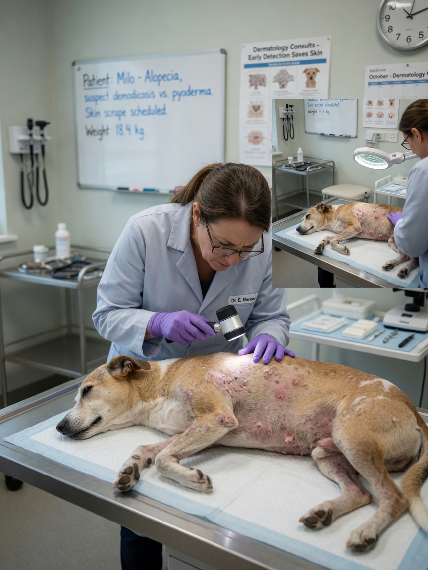 Veterinarian examining a dog's skin condition with a dermatoscope during a clinical diagnosis in an examination room