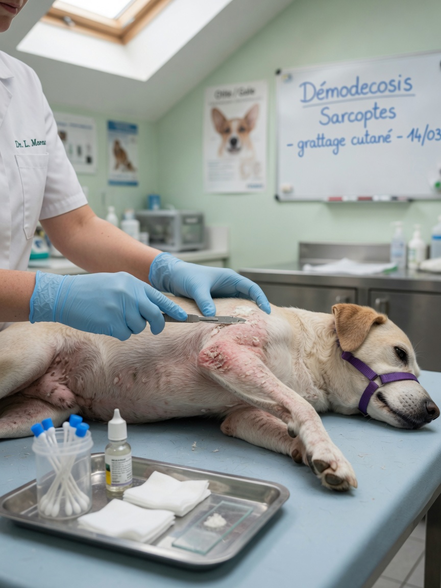 Veterinarian performing a skin scraping test on a dog's affected area for mange diagnosis